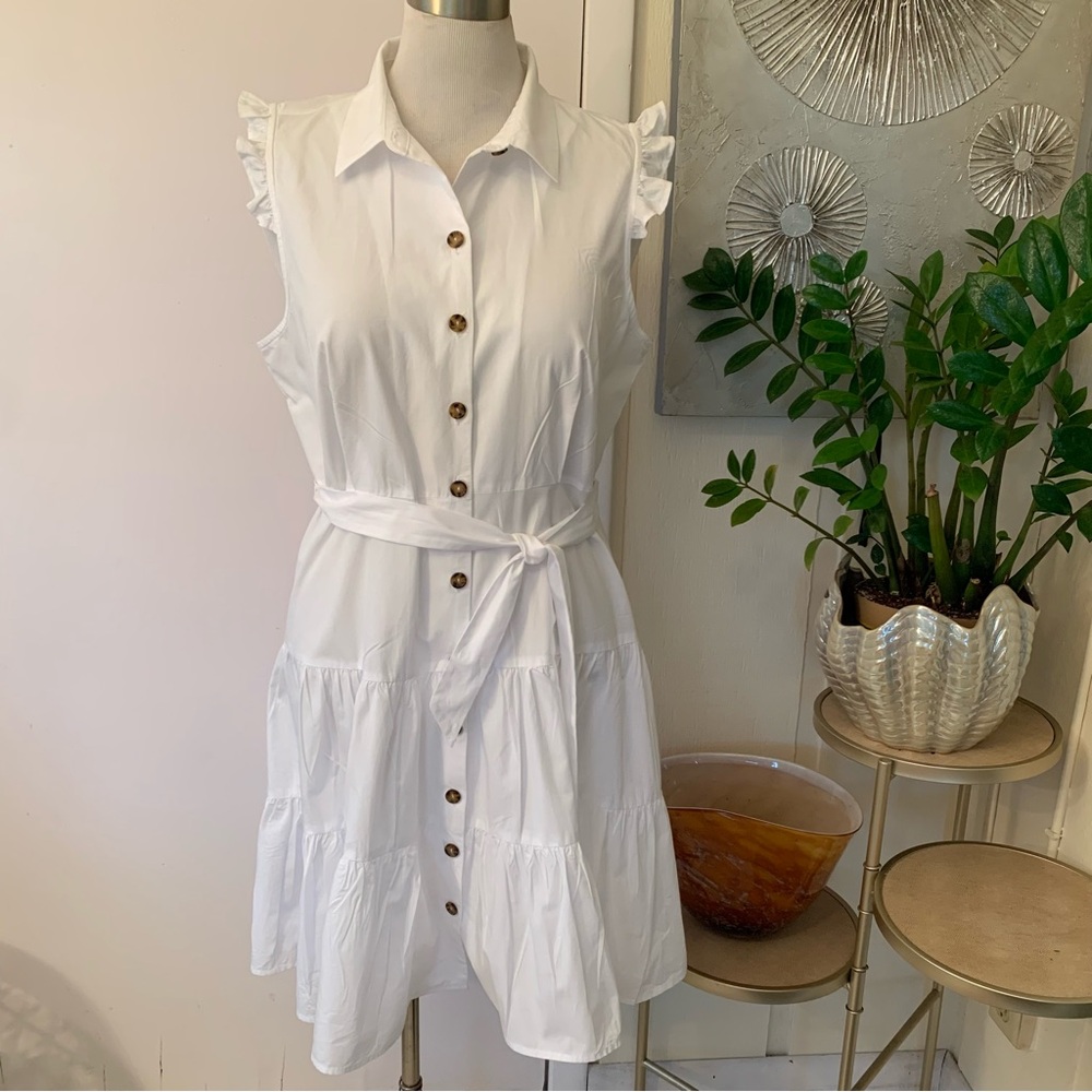 Calvin Klein 100% white cotton  dress with ruffle sleeves size 14